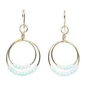 Handcrafted Gold Double Hoop Dangle Earrings Turquoise Seed Beads Boho